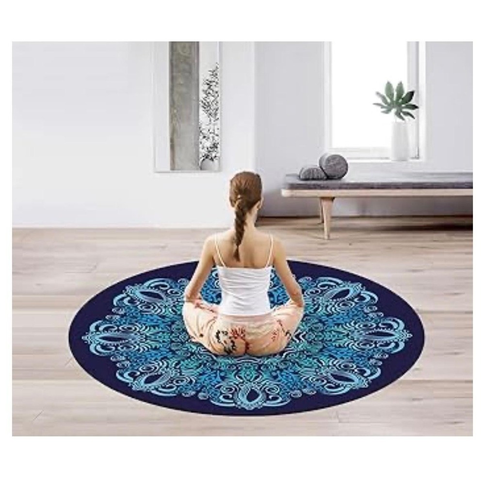 Round Oversize Yoga Mat 55in Blue Mandala Suede Rubber Non-Slip Pilates Zen - Picture 4 of 9